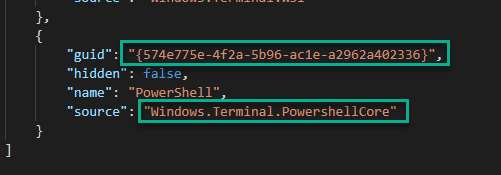 The profile entry for powershell core in the terminal settings, showing the unique identifier for it