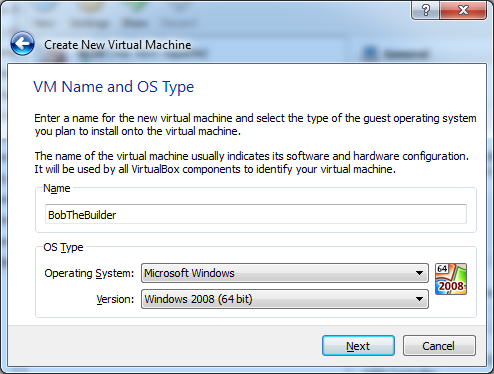VirtualBox VM Name and OS Type Screen for Windows VM