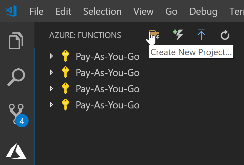 Button to create a new azure functions project