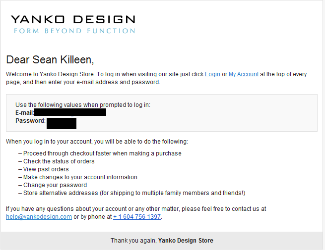 Yanko Design welcome e-mail