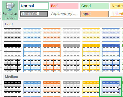 Excel table formatting selection