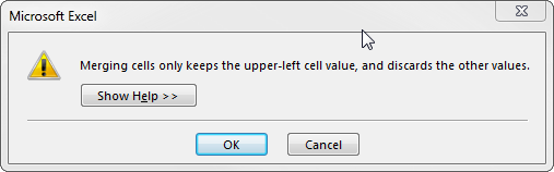 "Merging cells only keeps the upper-left cell value, and discards the other values."