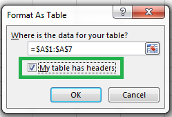 Selecting that the table has headers