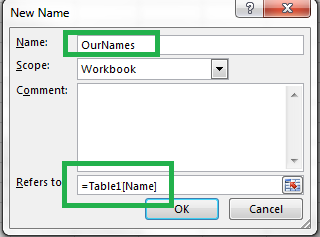 Defined Name settings