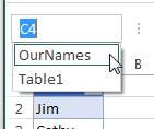 The Defined Name now selects the table column