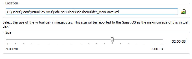 VirtualBox Hard Drive Naming and Size Limitations Screen