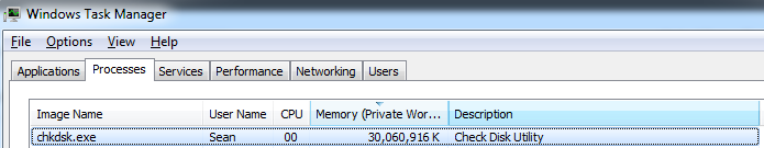 Picture of Chkdsk.exe eating all my RAM.