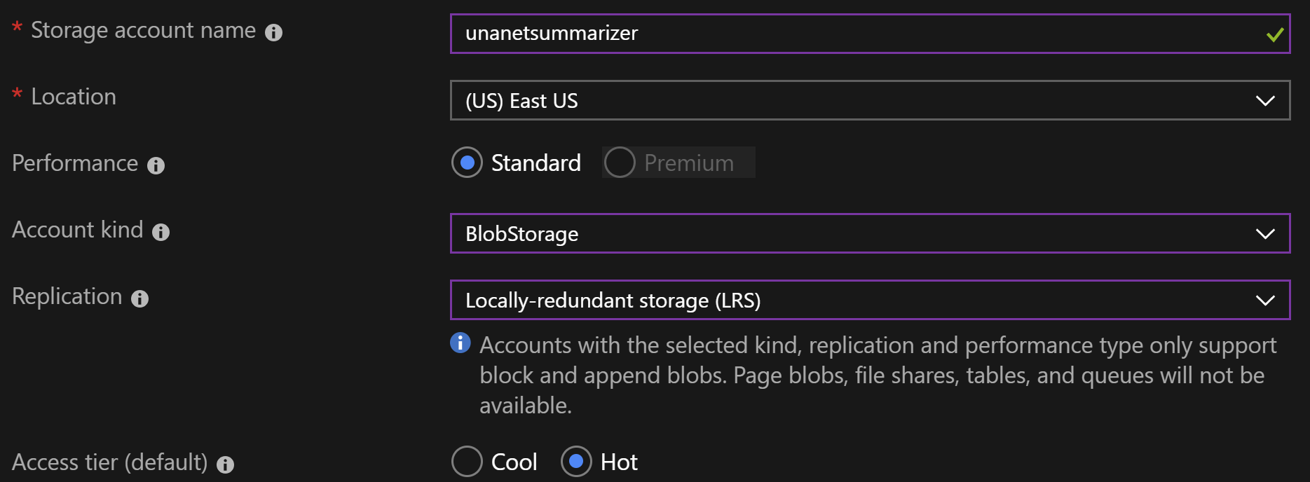 filling in the information for our blob storage