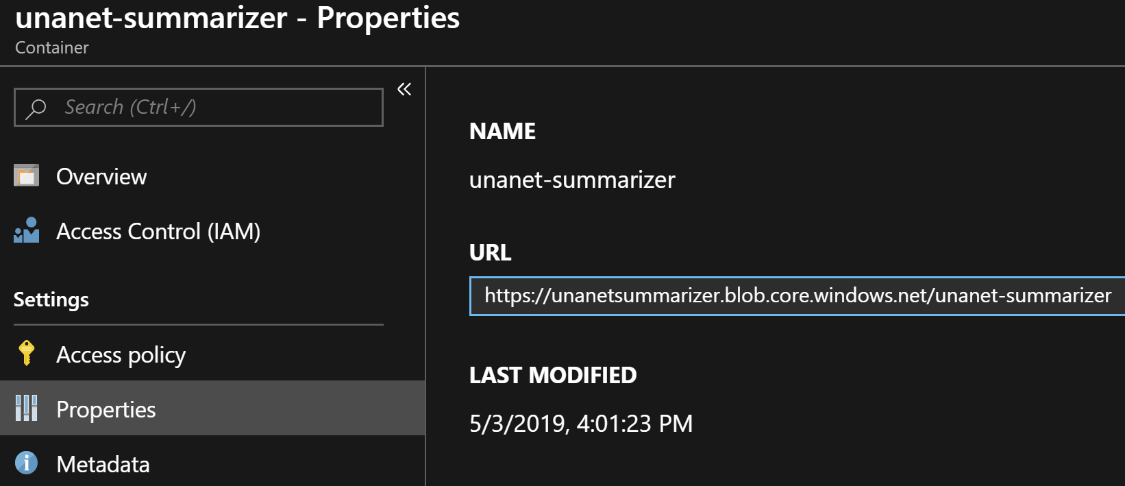 getting the URL for the blob container