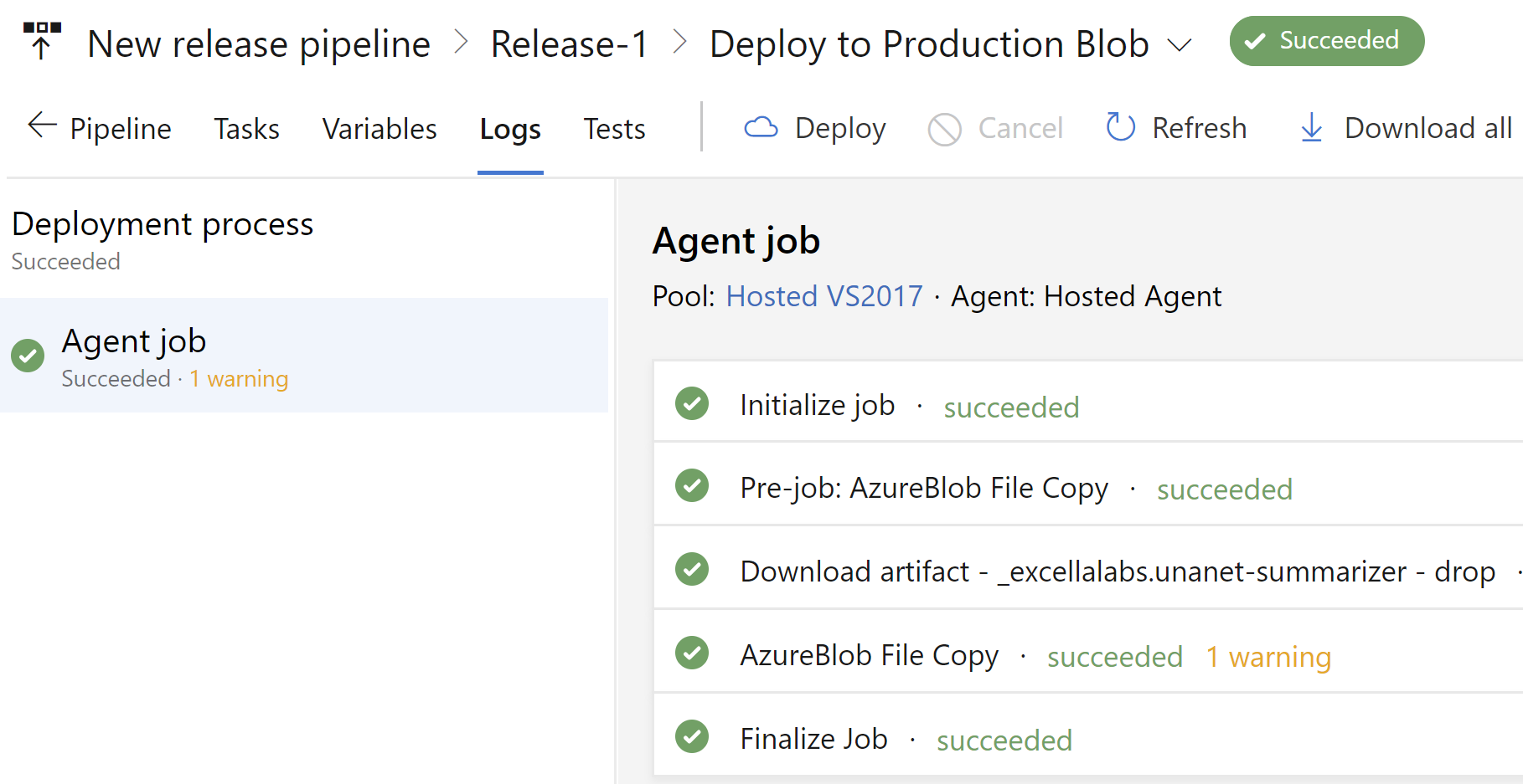 a release summary showing all the tasks were successful