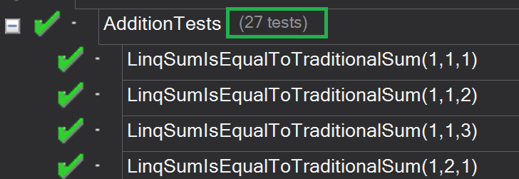 The resulting 27 tests passing, showing some of the combinations