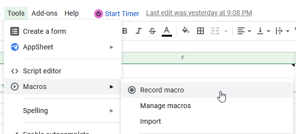 The dialog menu to record the macro