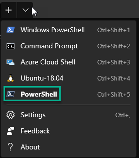 The shell list in Windows Terminal, showing PowerShell Core in the list