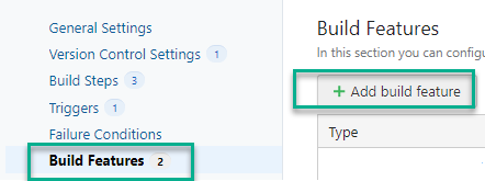 TeamCity build menu showing the option to add a build feature